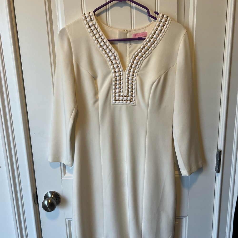 Lilly Pulitzer white and gold mini dress, form fitting, size 2
